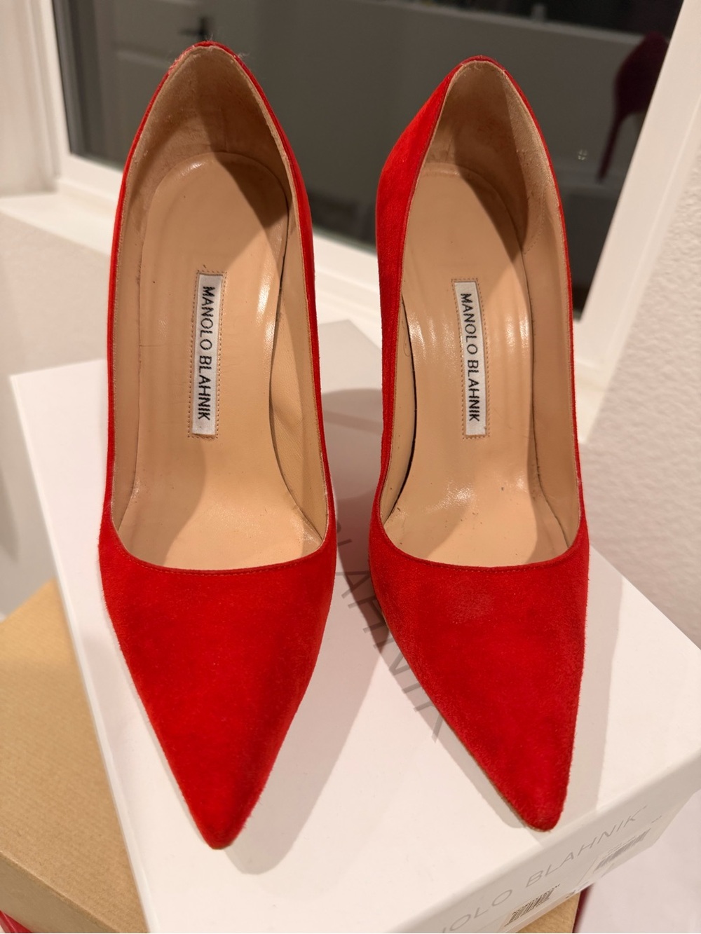 Manolo Blahnik BB 105 Red Suede Pointed Toe Pumps